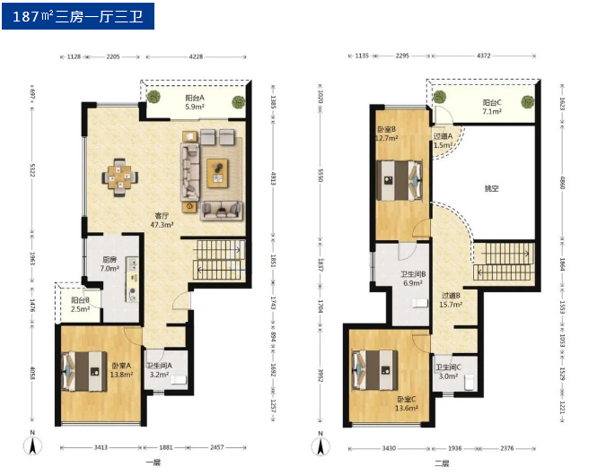 前海时代云岸3室1厅3卫187㎡户型图