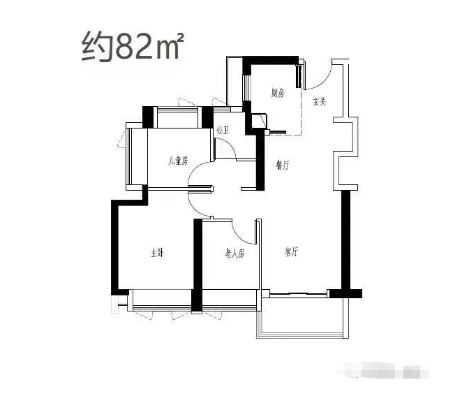 华润超核紫芸府3室2厅2卫82㎡户型图